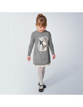 Vestido Mayoral Punto -Tul Gatitos Gris Niña