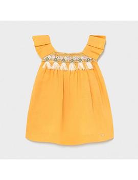 Vestido Mayoral Lino Bordado Mostaza Para Bebe Niña