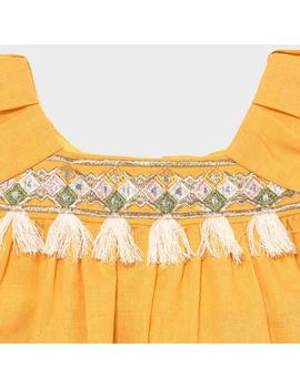 Vestido Mayoral Lino Bordado Mostaza Para Bebe Niña