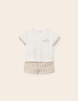 Conj. Pantalon Corto Camisa Lino Beige Para Bebe